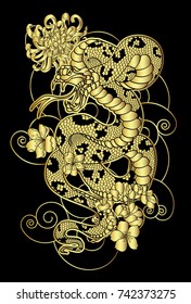 Golden snake cobra with cherry flower illustration on cloud background for tattoo design.Traditional Japanese culture for printing and coloring book on background.