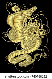 Golden Snake cobra and chrysanthemum flower with Chinese cloud illustration on black background.Traditional Japanese culture for printing and coloring book on background.