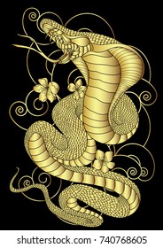 Golden Snake cobra and chrysanthemum flower with Chinese cloud illustration on black background.Boa with sakura blossom for tattoo style.Traditional Japanese culture for printing and coloring book