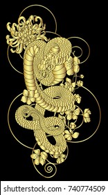 Golden Snake cobra and chrysanthemum flower with Chinese cloud illustration on black background.Boa with sakura blossom for tattoo style.Traditional Japanese culture for printing and coloring book