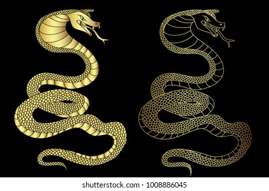 Golden snake cobra tattoo.Hand drawn snake vector Illustration on black background.Gold snake vector.