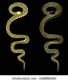 Golden snake cobra tattoo.Hand drawn snake vector Illustration on black background.Gold snake vector.