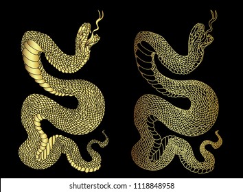 Golden snake cobra tattoo.Hand drawn snake vector Illustration on black background.Gold snake vector.