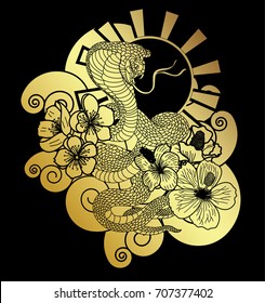 Golden snake cobra tattoo.Hand drawn snake with cherry blossom and cloud vector .Traditional Japanese culture for printing on background.