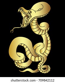 Golden snake cobra tattoo.Hand drawn snake with cherry blossom and cloud vector.Traditional Japanese culture for printing on background.