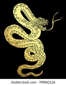 Golden snake cobra tattoo.Hand drawn snake with cherry blossom and cloud vector.Traditional Japanese culture for printing on background.