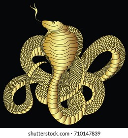 Golden snake cobra tattoo.Hand drawn snake with cherry blossom and cloud vector.Traditional Japanese culture for printing on background.Snake with Sunrise for coloring book on background.