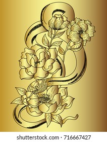 Golden snake cobra tattoo.Hand drawn snake with cherry blossom and cloud vector.Traditional Japanese culture for printing on background.Snake with Sunrise for coloring book on background.