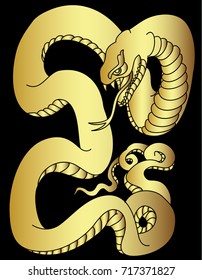 Golden snake cobra tattoo.Japanese cobra illustration on black background.Traditional Japanese culture for printing on background.Snake with Sunrise for coloring book