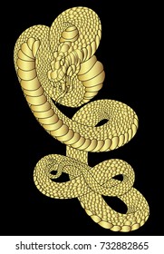 Golden snake cobra tattoo.Japanese cobra illustration on black background.Traditional Japanese culture for printing and coloring book on background.