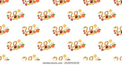 Golden snake decorated with plum blossom ,orange fruits , Chinese money vector and decorated with Chinese lanterns seamless pattern isolated on white background.