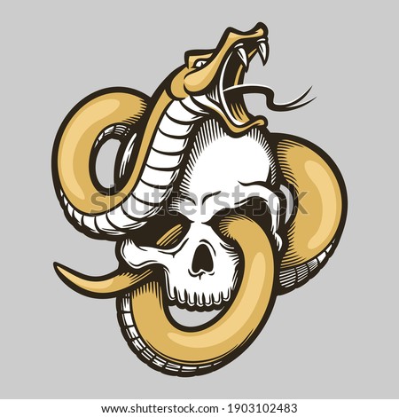 Golden snake entwined with human skull template in vintage style isolated vector illustration