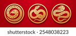 Golden snake with flowers Chinese New Year Zodiac sign on red background. CNY 2025 symbol. Year of the Snake, little dragon lunar calendar and spring festival greeting card vector illustration