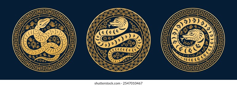 Golden snake with flowers Chinese New Year Zodiac sign, CNY 2025 symbol. Year of the Snake, little dragon on background with gold blossoms, paper cut. Greeting card vector flat style illustration