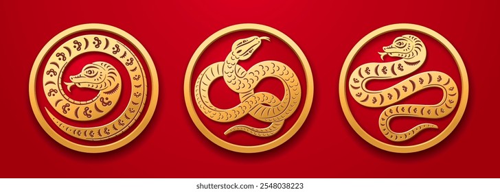 Golden snake with flowers Chinese New Year Zodiac sign on red background. CNY 2025 symbol. Year of the Snake, little dragon lunar calendar and spring festival greeting card vector illustration