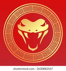Golden Snake Head Illustration - Chinese New Year Zodiac Animal in Traditional Frame. Festive Red Design.