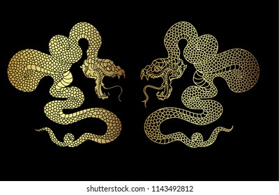 Golden Snake on black background.Golden snake cobra tattoo.Hand drawn snake vector Illustration on black background.Gold snake vector.