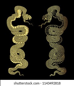 Golden Snake on black background.Golden snake cobra tattoo.Hand drawn snake vector Illustration on black background.Gold snake vector.
