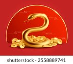 Golden snake on Chinese New Year festive background.