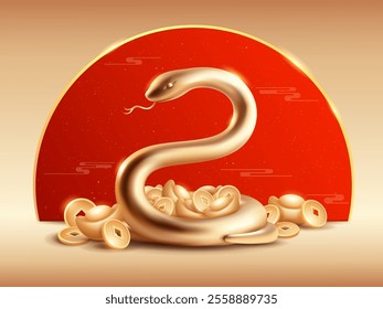 Golden snake on Chinese New Year festive background.