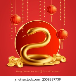 Golden snake on Chinese New Year festive background.