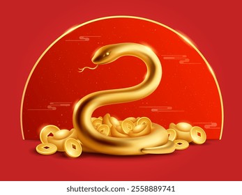 Golden snake on Chinese New Year festive background.