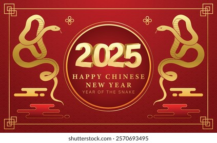 Golden snake on Chinese New Year festival celebration background. Year of Snake. 3d 2025 with red and gold template