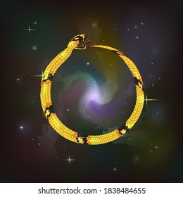 Golden snake Ouroboros, devouring its tail against the background of the cosmic galactic sky. Vector illustration.