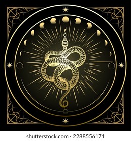 Golden Snake and Phases of Moon Astrological Emblem isolated on white. Vector illustration