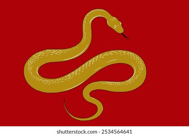 A golden snake slithers on a red background, embodying the zodiac snake’s grace, power, and adaptability, symbolizing wisdom and change.