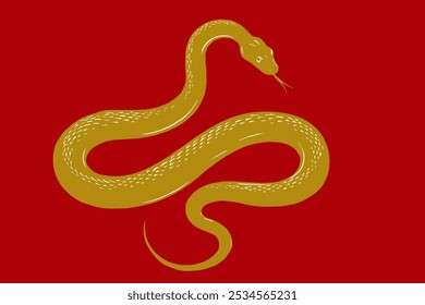 A golden snake slithers on a red background, embodying the zodiac snake’s grace, power, and adaptability, symbolizing wisdom and change.