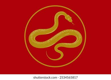 A golden snake slithers on a red background, embodying the zodiac snake’s grace, power, and adaptability, symbolizing wisdom and change.