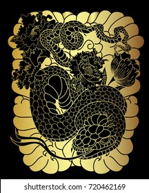 Golden snake tattoo.Hand drawn snake with peony blossom and cloud vector Traditional Japanese culture for printing on background.