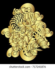 Golden snake and tiger tattoo with peony flower.Japanese tiger with snake tattoo and cloud background.Traditional Japanese culture for printing on background.Snake with Sunrise for coloring book