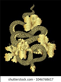 Golden snake vector with hibiscus flower and iris flower isolate.gold Snake tattoo design.
