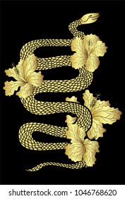 Golden snake vector with hibiscus flower and iris flower isolate.gold Snake tattoo design.