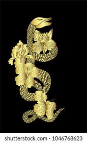 Golden snake vector with hibiscus flower and iris flower isolate.gold Snake tattoo design.