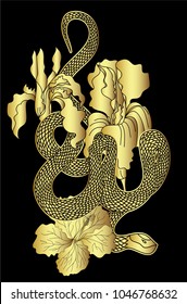 Golden snake vector with hibiscus flower and iris flower isolate.gold Snake tattoo design.