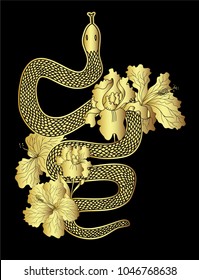 Golden snake vector with hibiscus flower and iris flower isolate.gold Snake tattoo design.