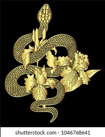 Golden snake vector with hibiscus flower and iris flower isolate.gold Snake tattoo design.