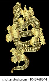Golden snake vector with hibiscus flower and iris flower isolate.gold Snake tattoo design.