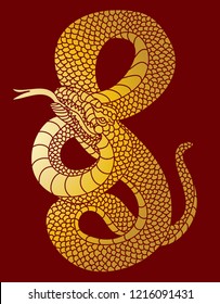 Golden snake vector with mouth open on red background. Japanese snake cobra for sticker design.