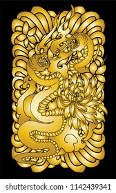 Golden Snake vector. Sticker and hand drawn snake. Golden snake Reptile on cloud tattoo.