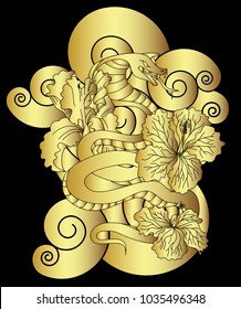 Golden Snake vector.Sticker and hand drawn snake with flower.Golden snake Reptile on cloud tattoo.