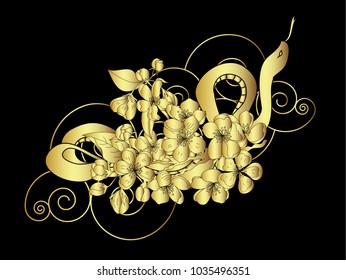 Golden Snake vector.Sticker and hand drawn snake with flower.Golden snake Reptile on cloud tattoo.