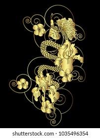 Golden Snake vector.Sticker and hand drawn snake with flower.Golden snake Reptile on cloud tattoo.