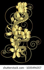 Golden Snake vector.Sticker and hand drawn snake with flower.Golden snake Reptile on cloud tattoo.