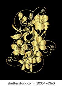 Golden Snake vector.Sticker and hand drawn snake with flower.Golden snake Reptile on cloud tattoo.