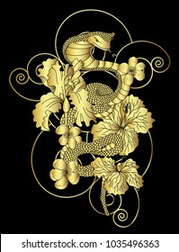 Golden Snake vector.Sticker and hand drawn snake with flower.Golden snake Reptile on cloud tattoo.
