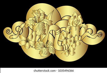 Golden Snake vector.Sticker and hand drawn snake with flower.Golden snake Reptile on cloud tattoo.